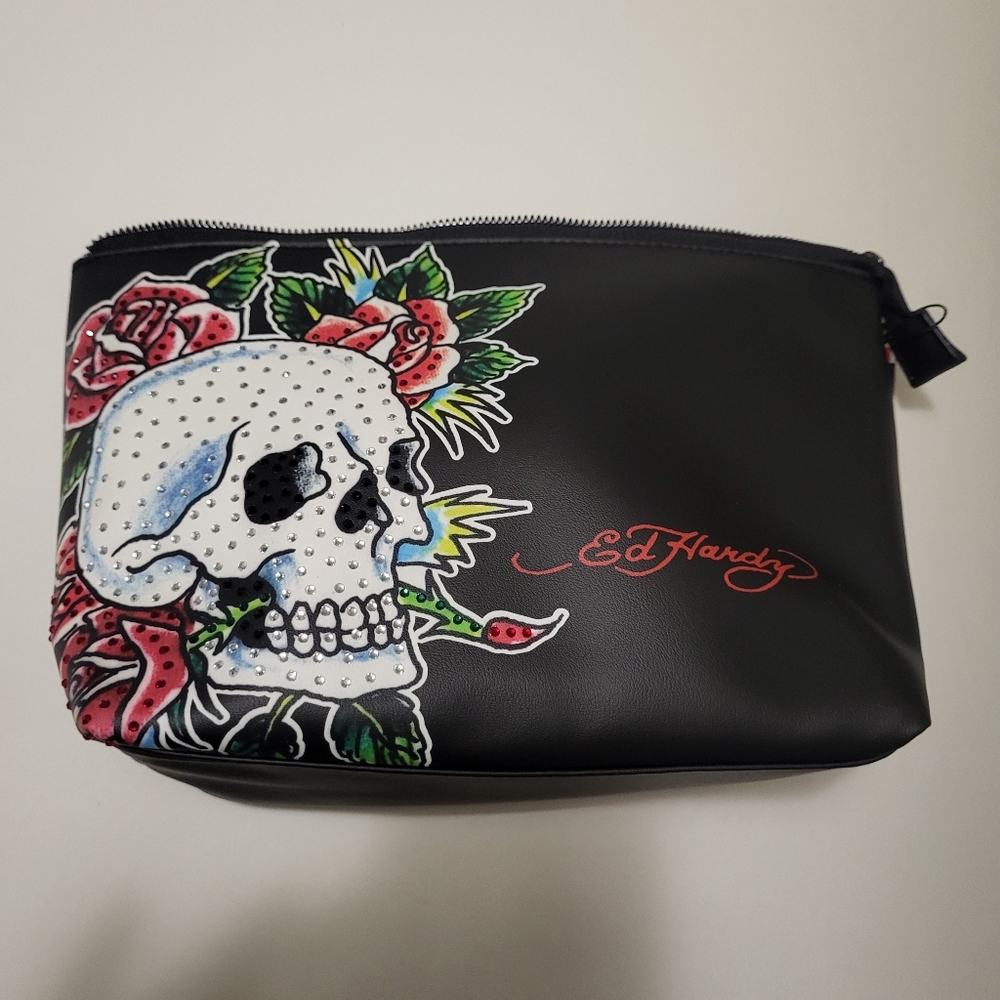 NWT Ed Hardy Black Cosmetic Bag with Skull and Roses